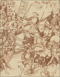 Illustration of the Battle of Shrewsbury featuring horses, archers, and knights